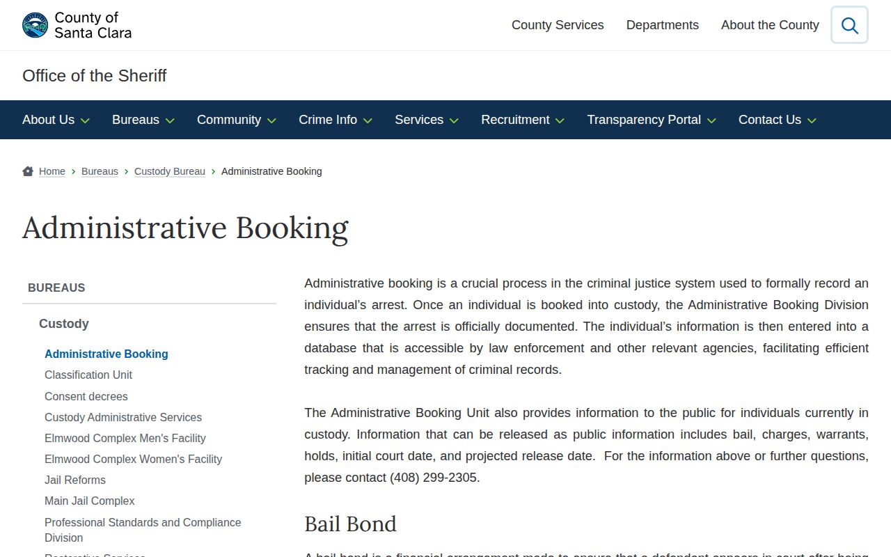 Santa Clara County release date Administrative Booking page