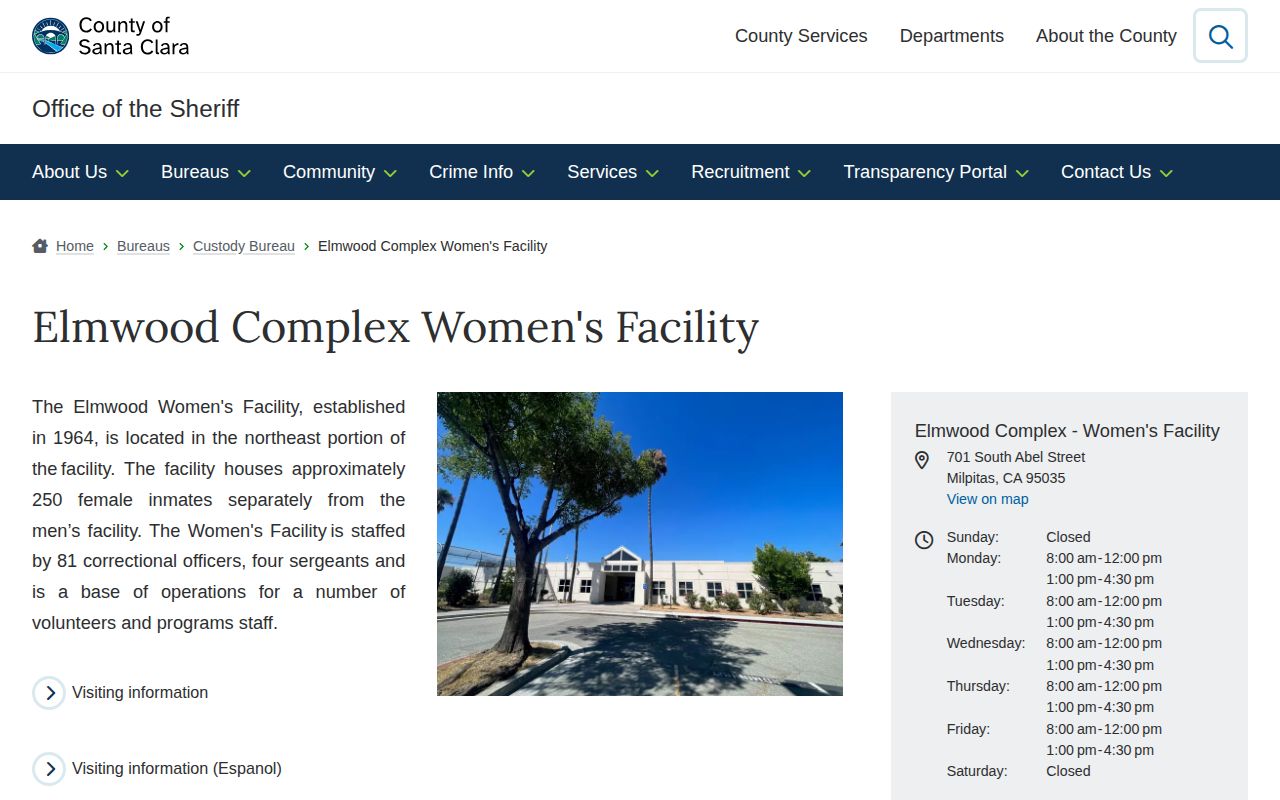 Santa Clara County Elmwood Complex Women's Facility release lookup source page