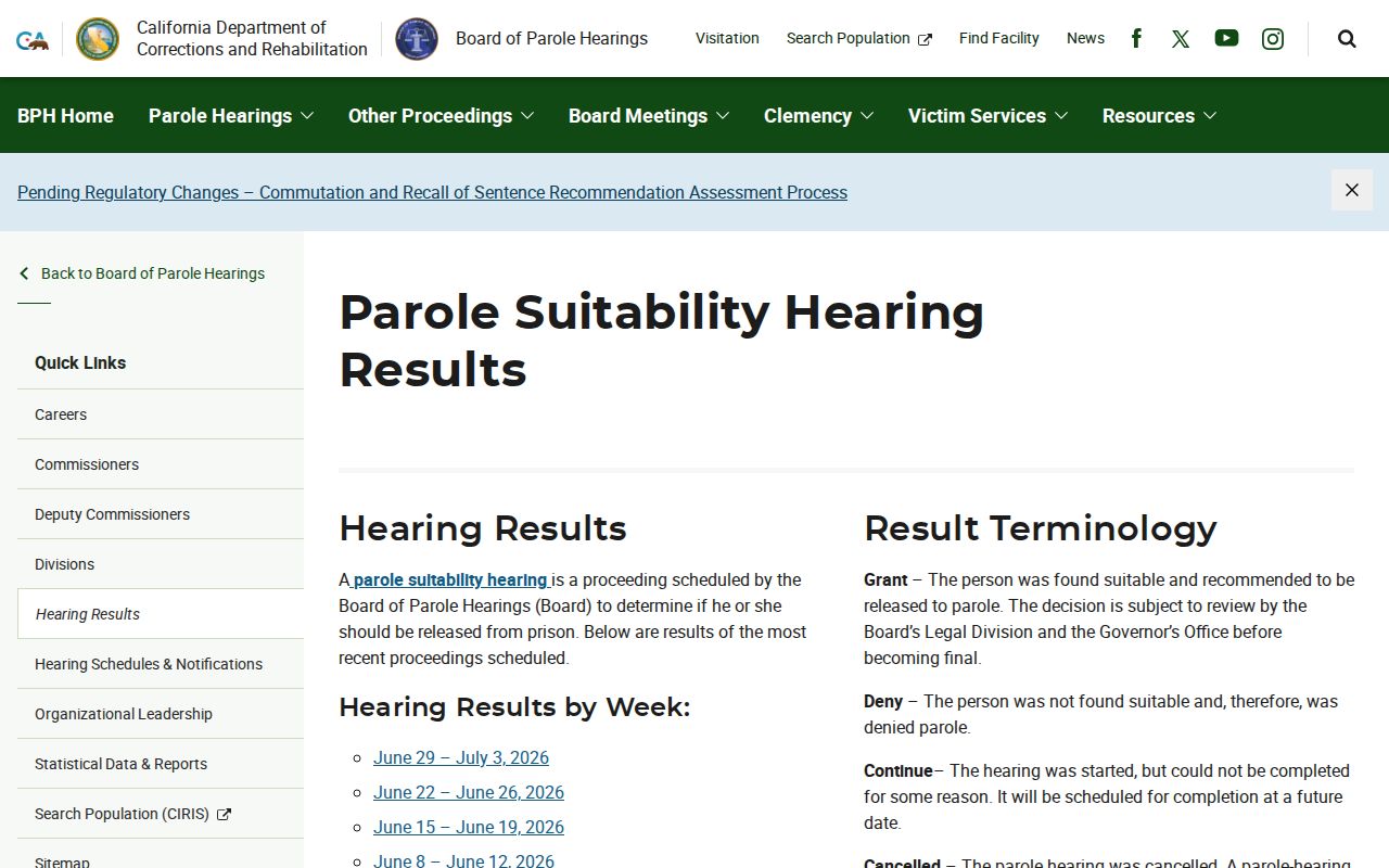 CDCR BPH parole hearing results for Santa Clara County parole status