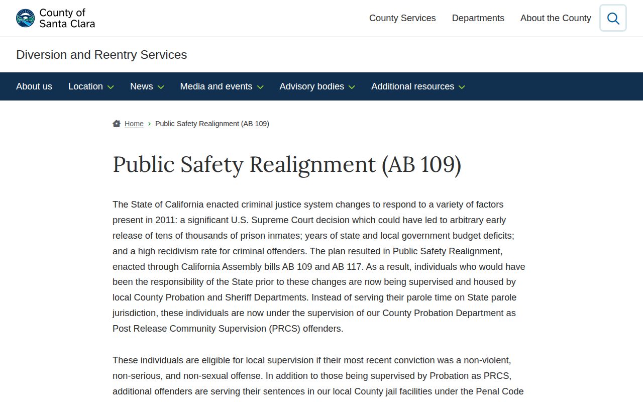 Santa Clara County reentry and AB 109 release supervision source page