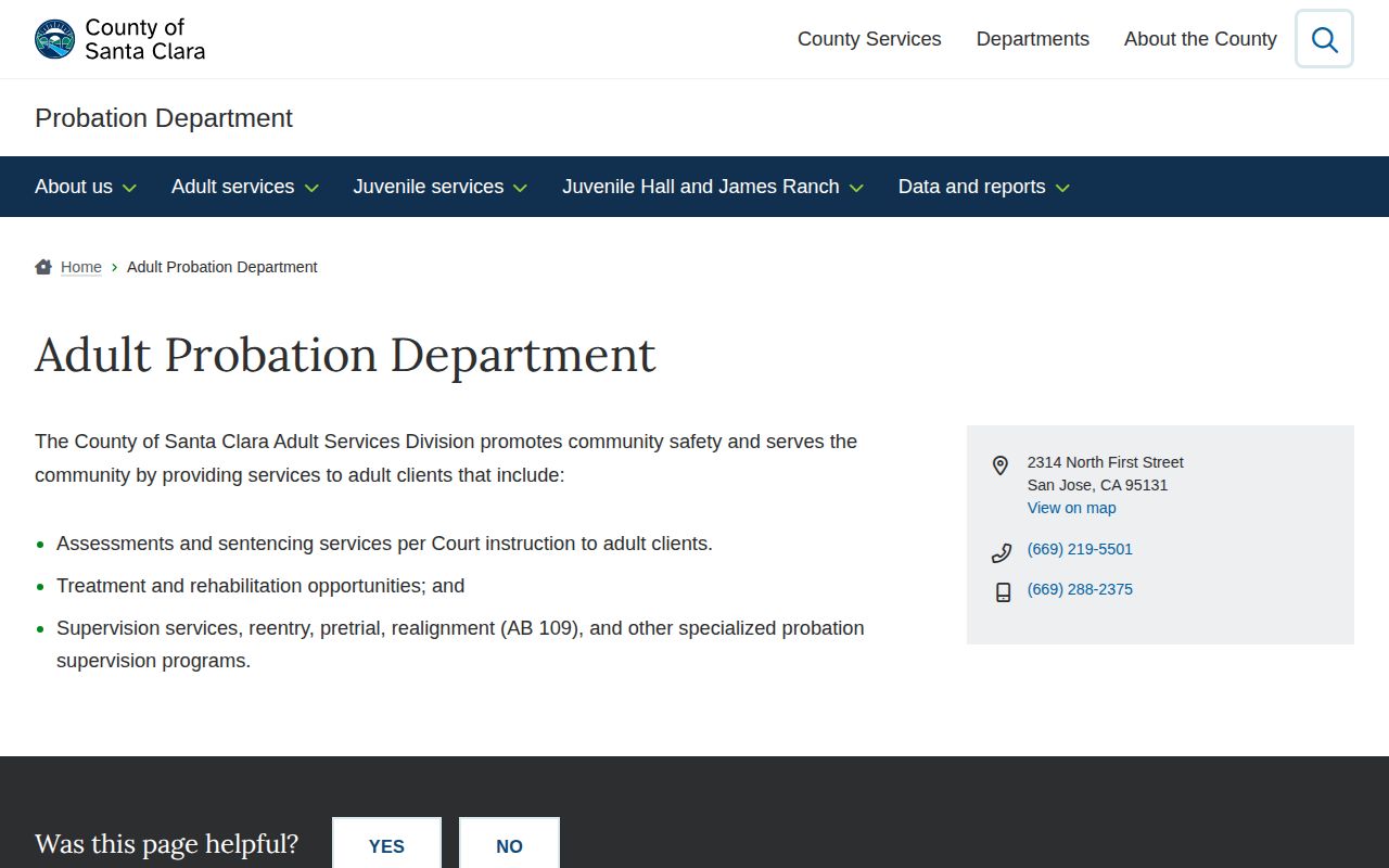 Santa Clara County post-release supervision Adult Probation page