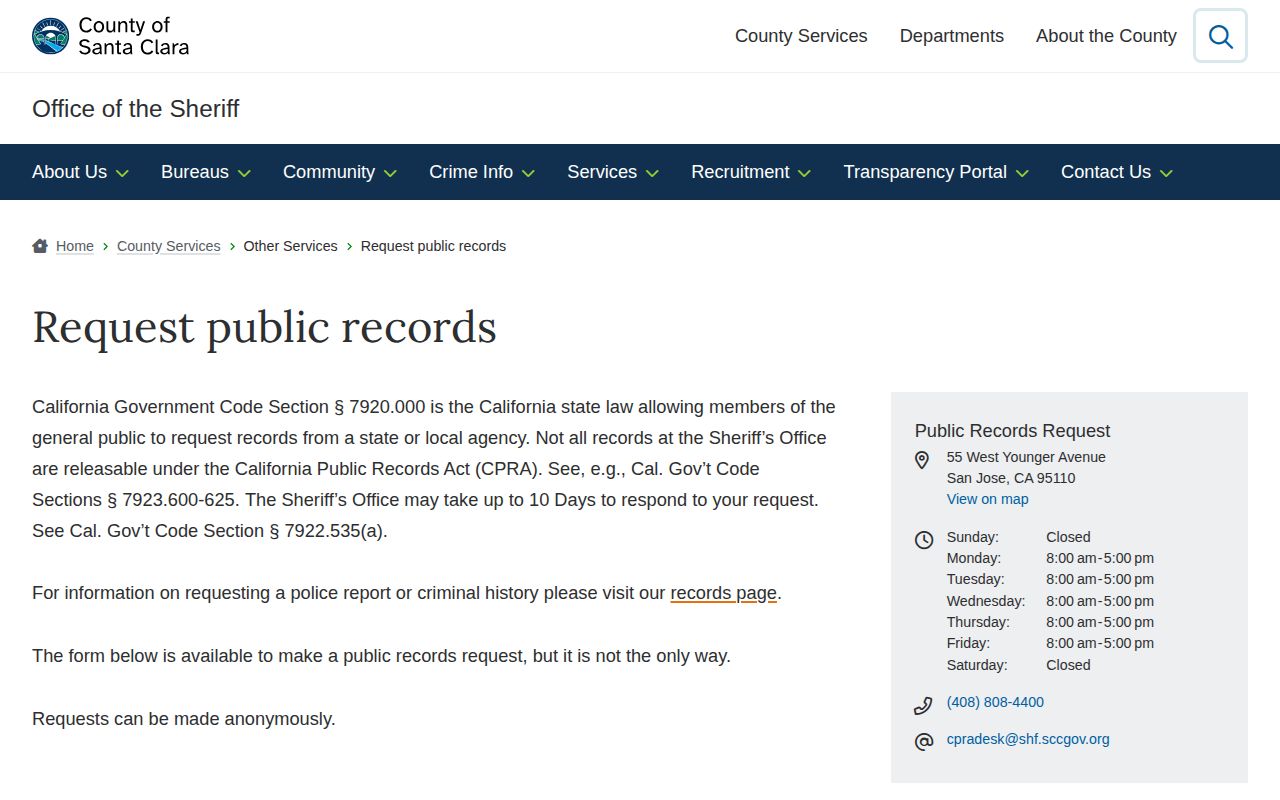 Santa Clara County released inmate mugshot public records request page